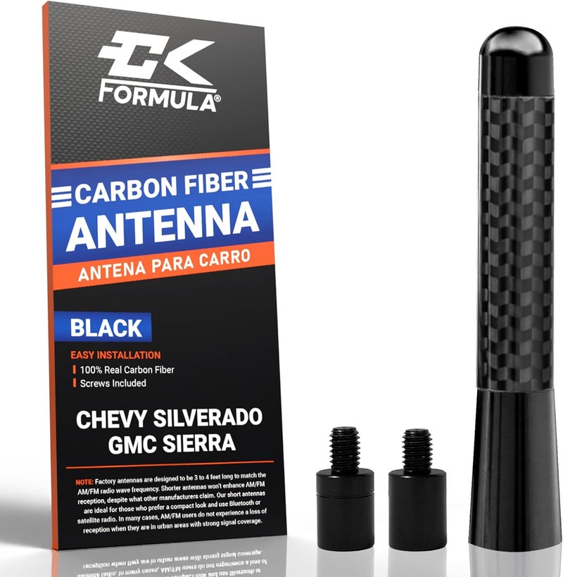 CK FORMULA Anodized Carbon Fiber Truck Antenna for Chevy Silverado 1500 & GMC Sierra (1999–2025), Solid Billet Aluminum, Car Wash Safe, Fade & Chip Resistant, Short Antenna Replacement, Truck Accessory, 3-Inch - Image 1